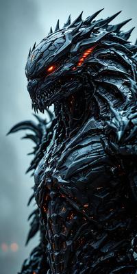 The primary subject of the image is a close-up of a creature with a mouth full of teeth, resembling a monster or a robot. The creature is the main focus of the image, and it appears to be the primary subject. The setting is a dark background, which adds to the overall mood of the image. The visual style is a combination of digital art and illustration, creating a unique and intriguing appearance. The colors and mood of the image are predominantly dark, with the creature's teeth